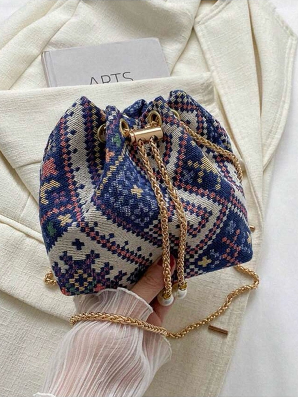 Woven Boho Drawstring Bucket Bag - Navy Pattern